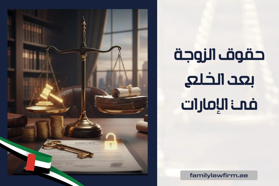 حقوق الزوجة بعد الخلع في الإمارات، ميزان عدالة على مكتب مع أوراق ومستندات قانونية مرتبة بجانبه